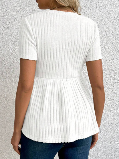 Maternity Apricot Short Sleeve Ruffle Hem Long Tunic Top - Slim Fit Ribbed Knit Casual Round Neck Flared Maternity Shirt