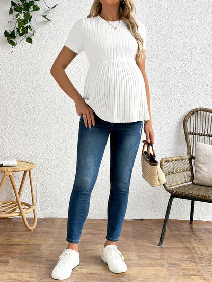 Maternity Apricot Short Sleeve Ruffle Hem Long Tunic Top - Slim Fit Ribbed Knit Casual Round Neck Flared Maternity Shirt