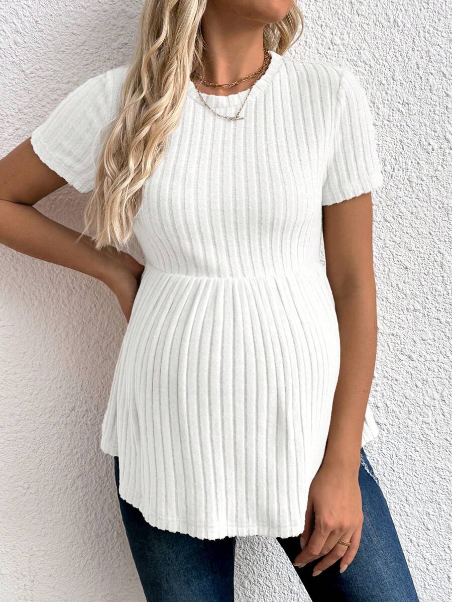 Maternity Apricot Short Sleeve Ruffle Hem Long Tunic Top - Slim Fit Ribbed Knit Casual Round Neck Flared Maternity Shirt