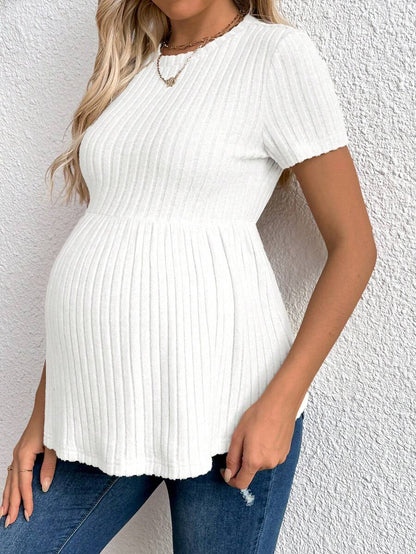 Maternity Apricot Short Sleeve Ruffle Hem Long Tunic Top - Slim Fit Ribbed Knit Casual Round Neck Flared Maternity Shirt