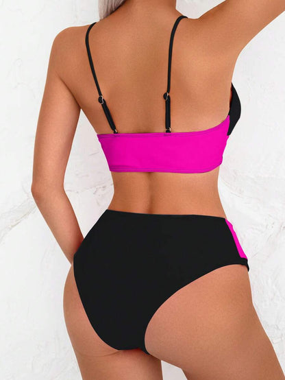 Women's 2-Piece Color-Block Bikini Set - Spaghetti Strap, Criss Cross, High Waist, Multicolor