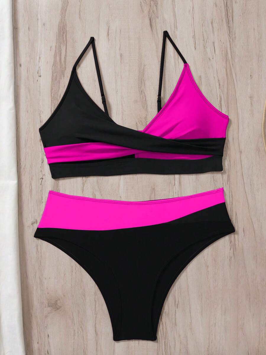 Women's 2-Piece Color-Block Bikini Set - Spaghetti Strap, Criss Cross, High Waist, Multicolor