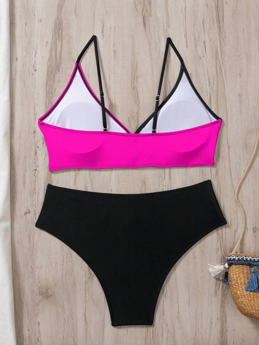 Women's 2-Piece Color-Block Bikini Set - Spaghetti Strap, Criss Cross, High Waist, Multicolor