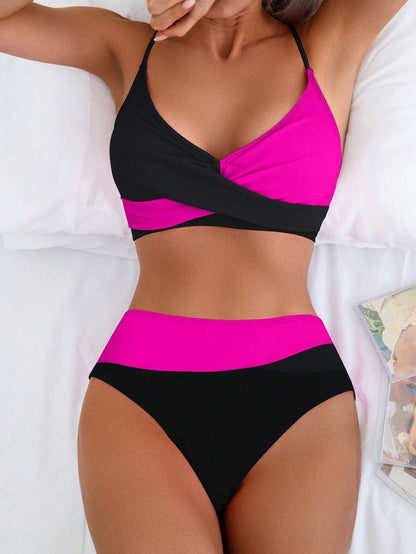 Women's 2-Piece Color-Block Bikini Set - Spaghetti Strap, Criss Cross, High Waist, Multicolor