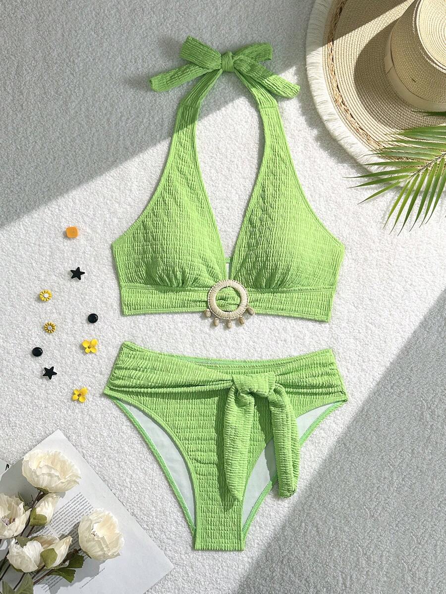 Women's 2-Piece Solid Halter Strap Bikini Set - High Waist, Backless, Apricot