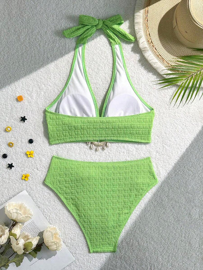 Women's 2-Piece Solid Halter Strap Bikini Set - High Waist, Backless, Apricot