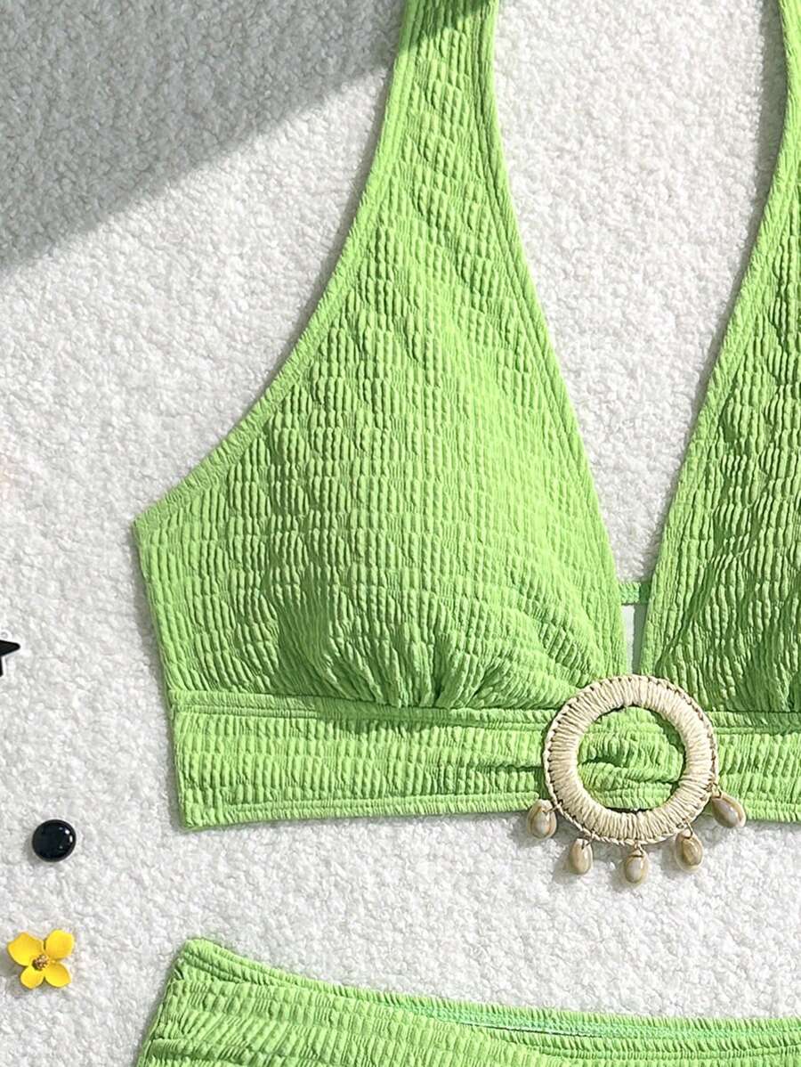 Women's 2-Piece Solid Halter Strap Bikini Set - High Waist, Backless, Apricot