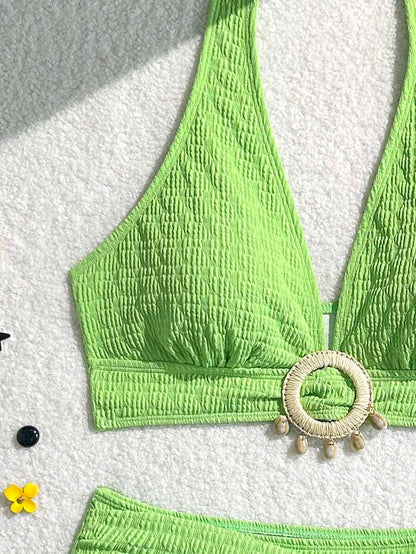 Women's 2-Piece Solid Halter Strap Bikini Set - High Waist, Backless, Apricot