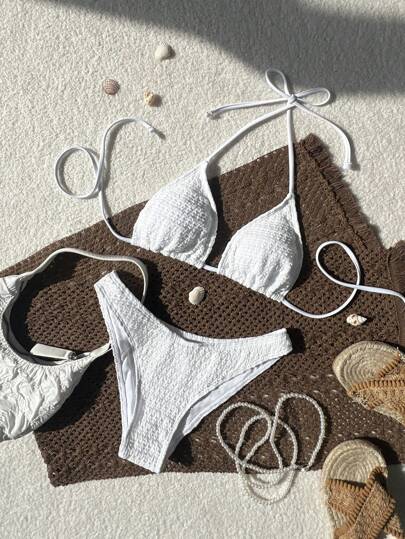 Women's Spaghetti Strap Halter Bikini Set - Tie Back, Side High Cut, Triangle Cup, White