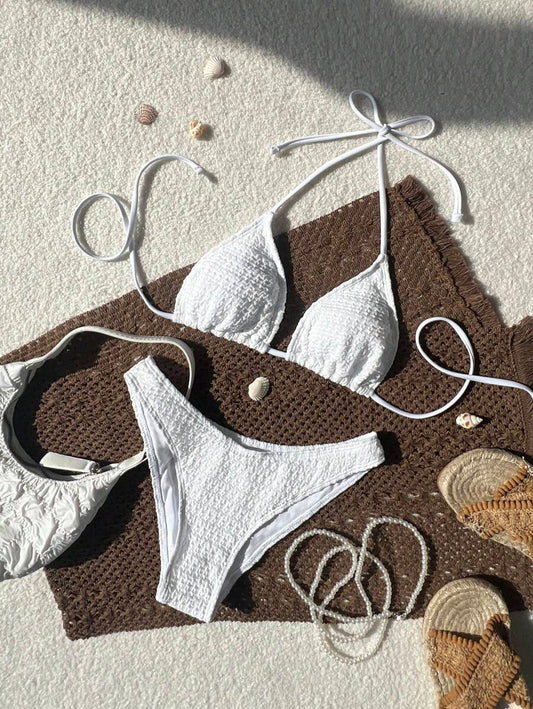 Women's Spaghetti Strap Halter Bikini Set - Tie Back, Side High Cut, Triangle Cup, White