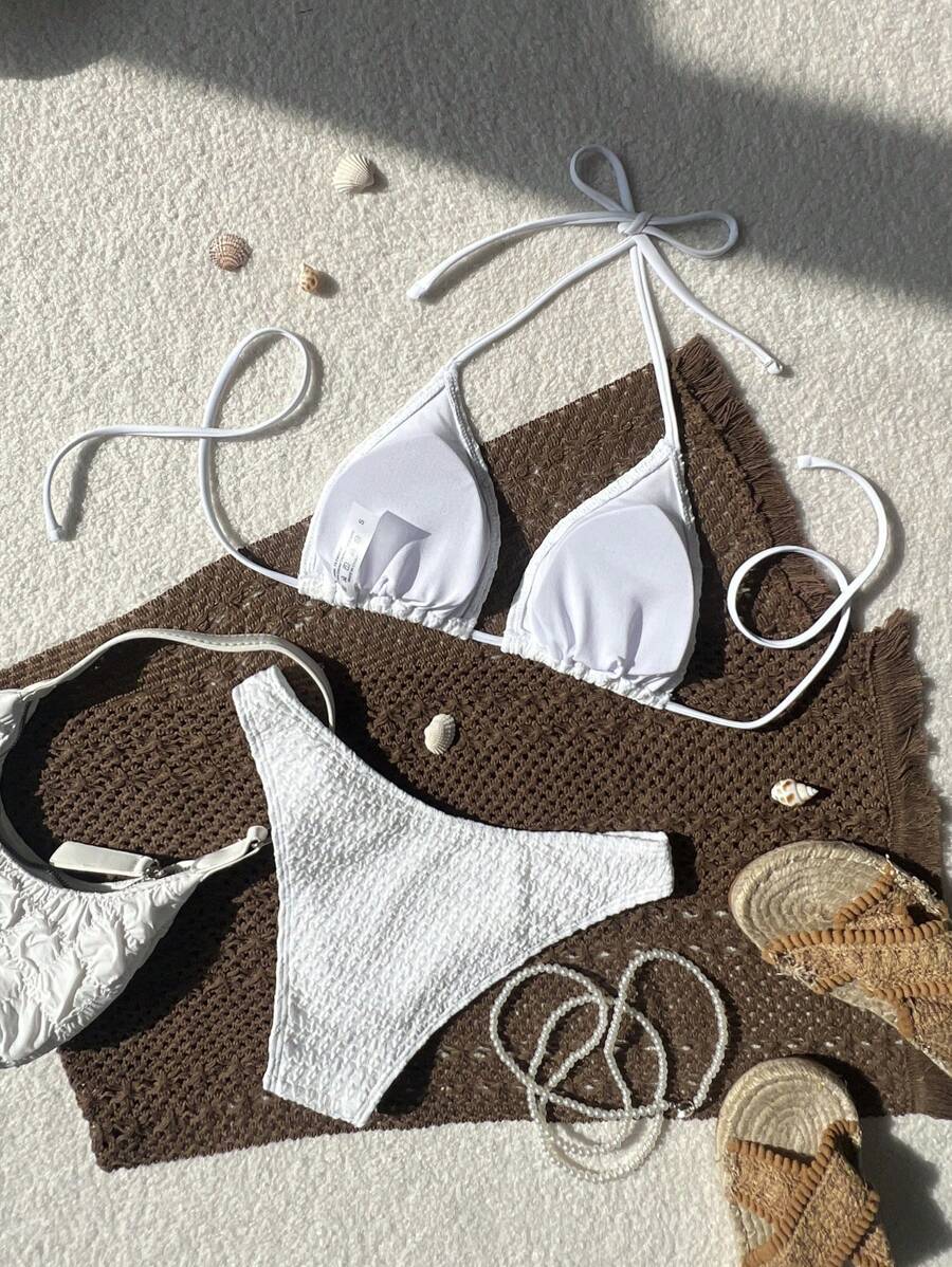 Women's Spaghetti Strap Halter Bikini Set - Tie Back, Side High Cut, Triangle Cup, White