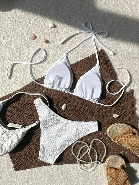 Women's Spaghetti Strap Halter Bikini Set - Tie Back, Side High Cut, Triangle Cup, White