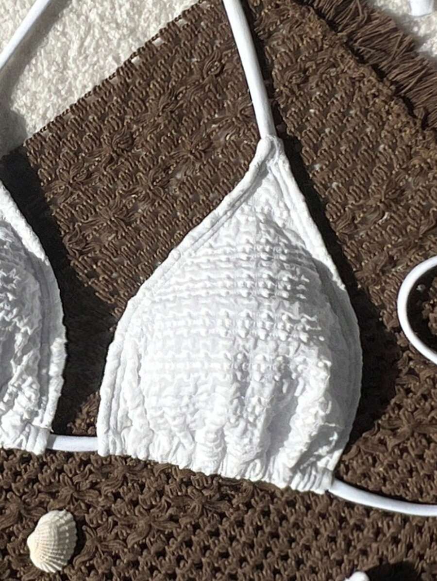 Women's Spaghetti Strap Halter Bikini Set - Tie Back, Side High Cut, Triangle Cup, White