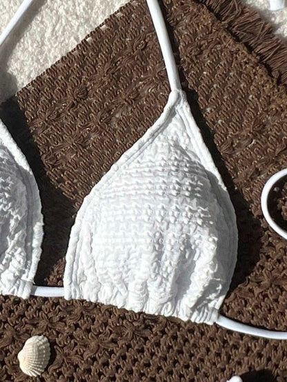 Women's Spaghetti Strap Halter Bikini Set - Tie Back, Side High Cut, Triangle Cup, White