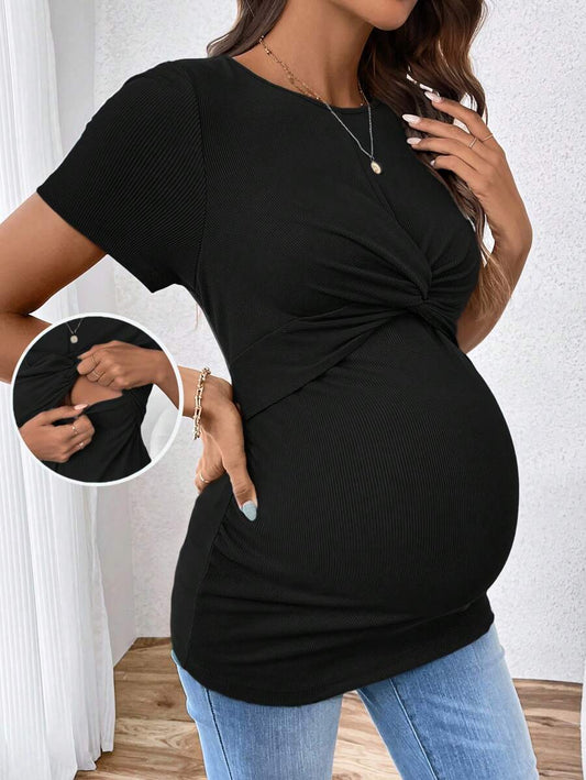 Black Short Sleeve Slim Fit Maternity Nursing T-Shirt with Round Neck and Front Twist Detail, Casual Soft Knit Street Style Tee