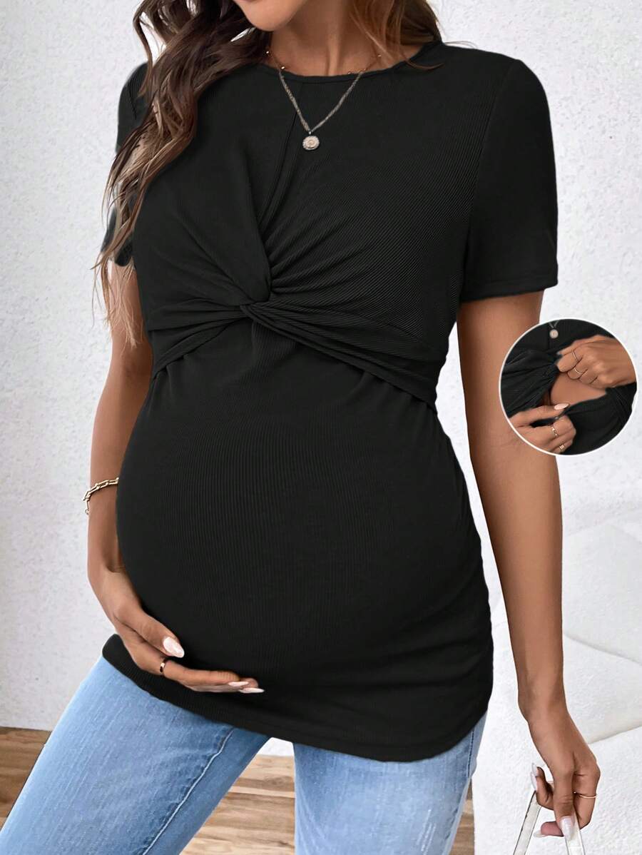 Black Short Sleeve Slim Fit Maternity Nursing T-Shirt with Round Neck and Front Twist Detail, Casual Soft Knit Street Style Tee