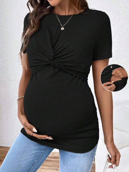 Black Short Sleeve Slim Fit Maternity Nursing T-Shirt with Round Neck and Front Twist Detail, Casual Soft Knit Street Style Tee