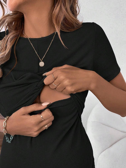 Black Short Sleeve Slim Fit Maternity Nursing T-Shirt with Round Neck and Front Twist Detail, Casual Soft Knit Street Style Tee
