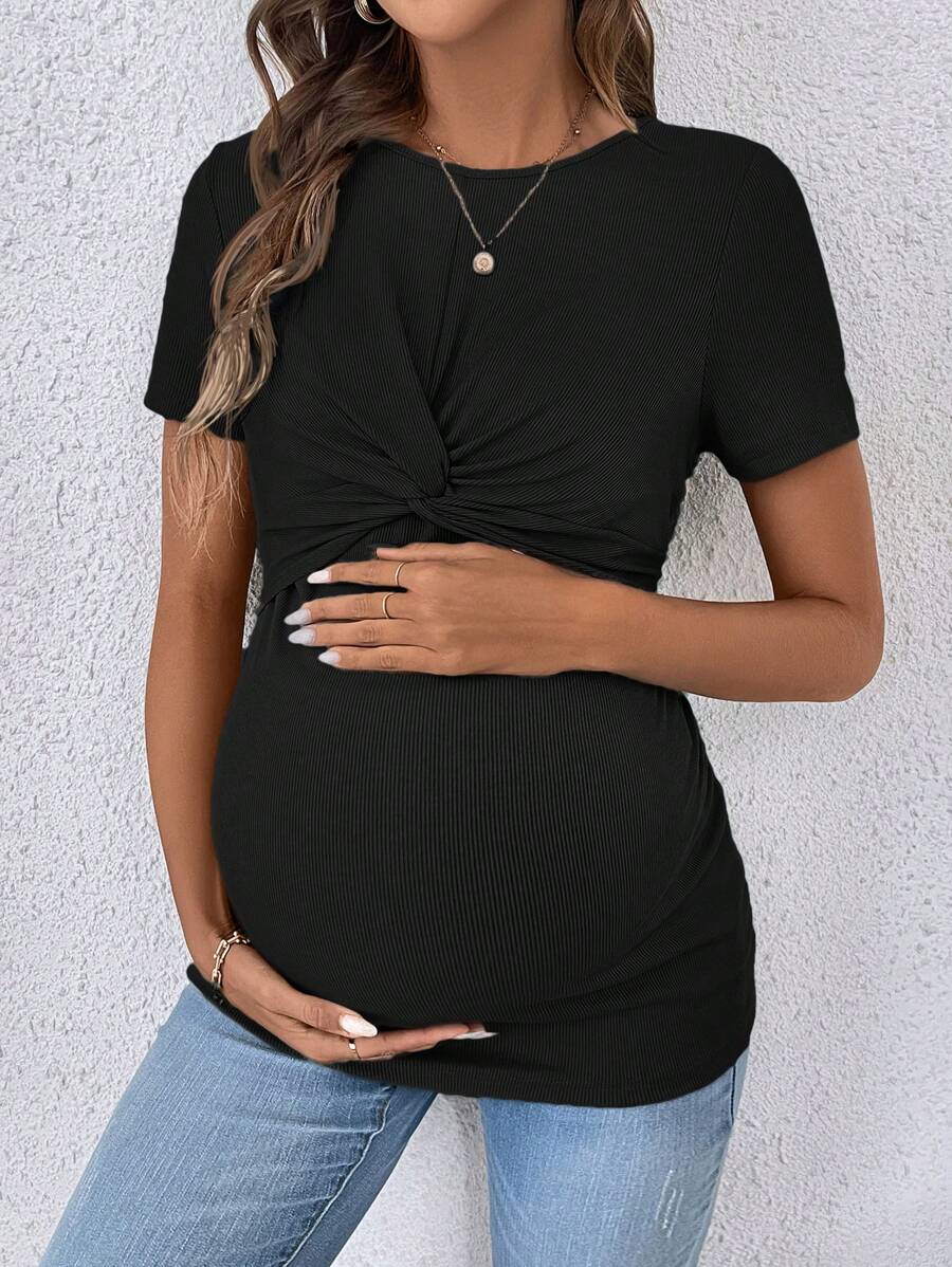 Black Short Sleeve Slim Fit Maternity Nursing T-Shirt with Round Neck and Front Twist Detail, Casual Soft Knit Street Style Tee