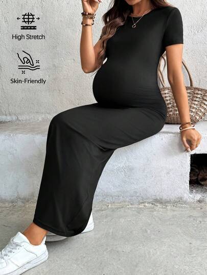 Maternity Bodycon Dress - Round Neck, Short Sleeve, Backless, Slim Fit, Black