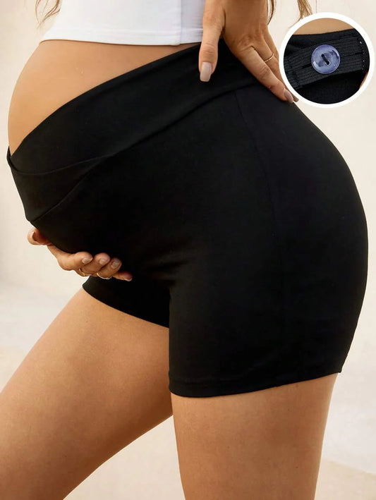Maternity Solid Black Cycling Shorts with Button Detail Medium Stretch Fitted Natural Waist Leggings for Daily Wear
