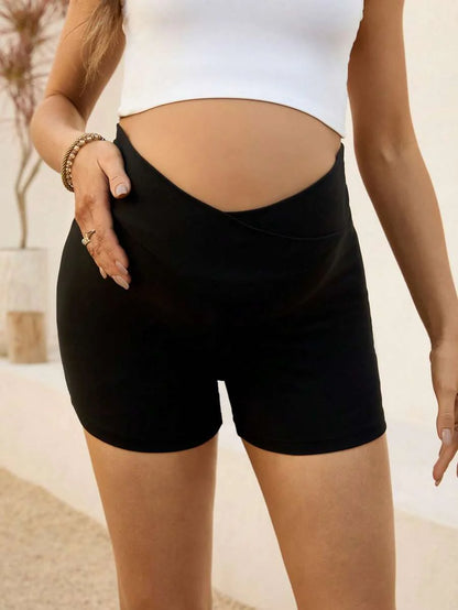 Maternity Solid Black Cycling Shorts with Button Detail Medium Stretch Fitted Natural Waist Leggings for Daily Wear
