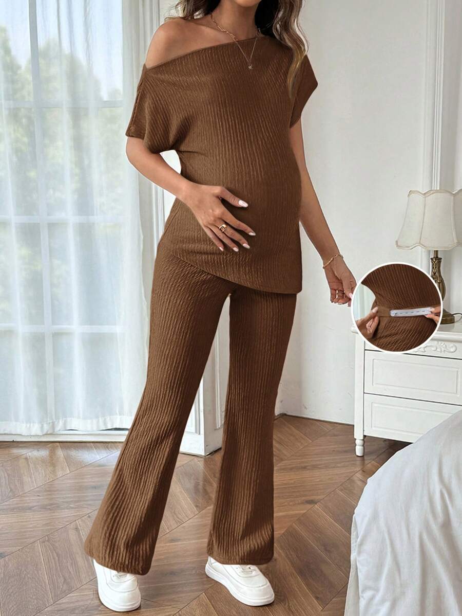 Maternity Asymmetrical Neck Batwing Sleeve T-Shirt and Long Pants Set Navy Blue Slim Fit Home Loungewear 2 Piece Outfit