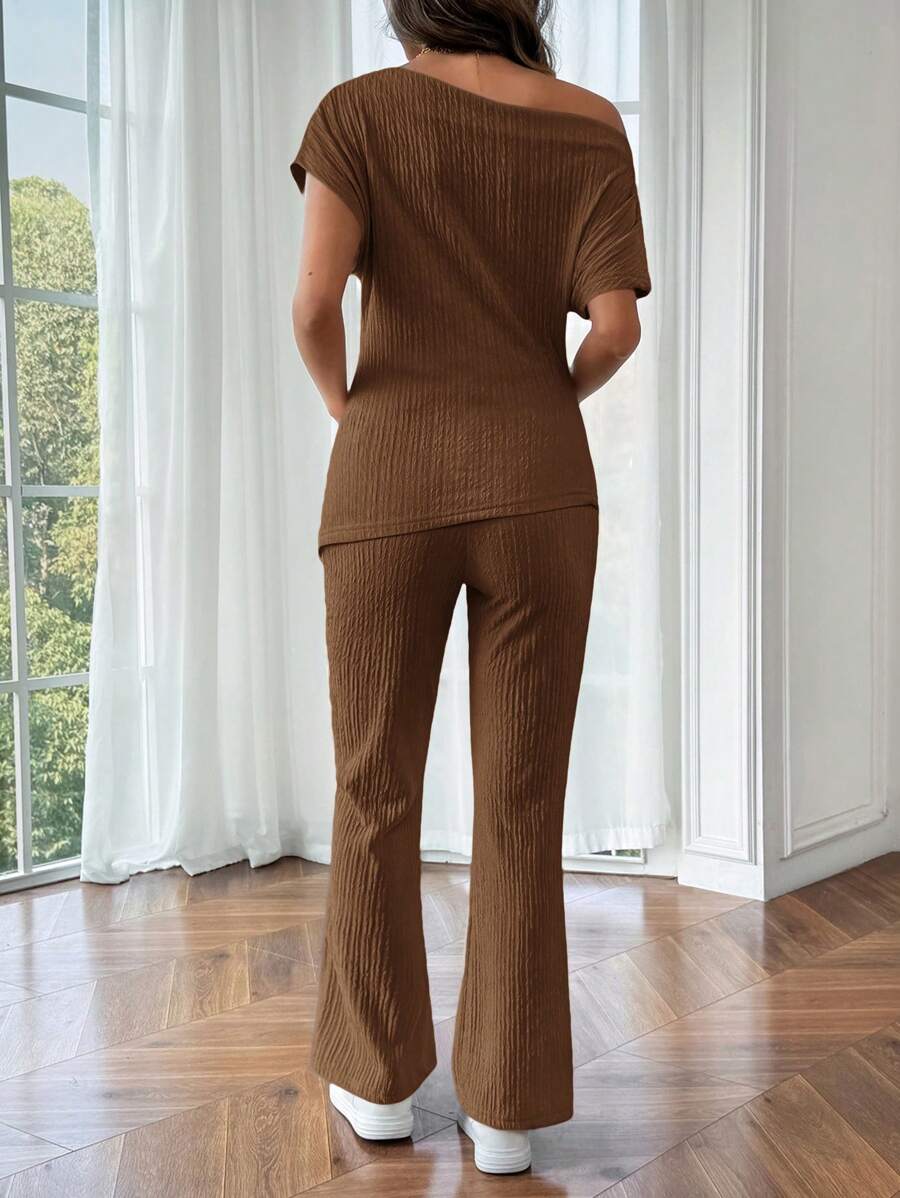 Maternity Asymmetrical Neck Batwing Sleeve T-Shirt and Long Pants Set Navy Blue Slim Fit Home Loungewear 2 Piece Outfit