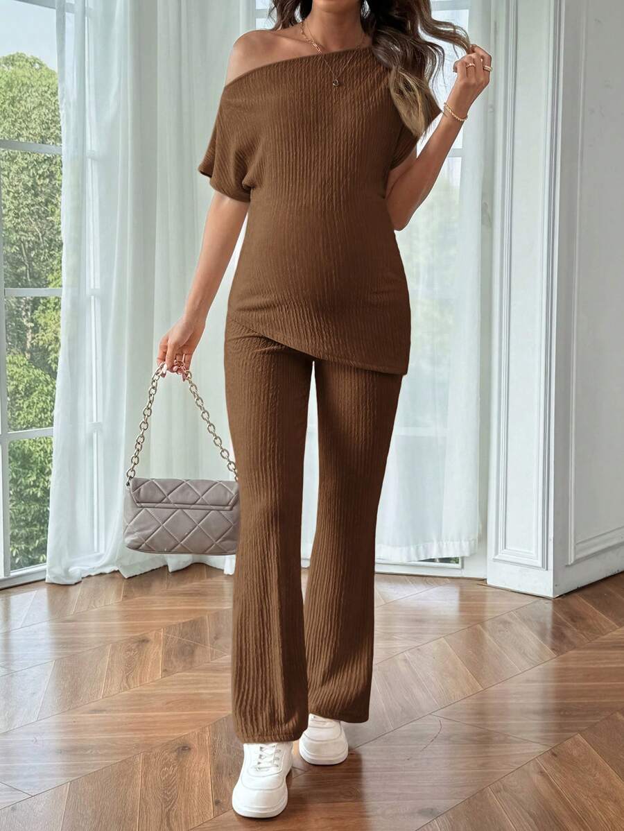 Maternity Asymmetrical Neck Batwing Sleeve T-Shirt and Long Pants Set Navy Blue Slim Fit Home Loungewear 2 Piece Outfit