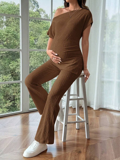 Maternity Asymmetrical Neck Batwing Sleeve T-Shirt and Long Pants Set Navy Blue Slim Fit Home Loungewear 2 Piece Outfit