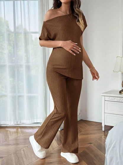 Maternity Asymmetrical Neck Batwing Sleeve T-Shirt and Long Pants Set Navy Blue Slim Fit Home Loungewear 2 Piece Outfit