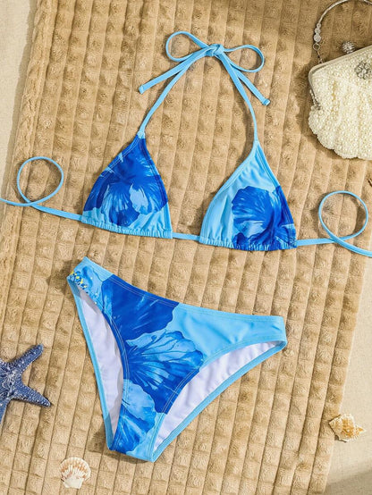 Swim Vcay Women's Summer New Contrast Color Striped Sexy Halter Triangle Cup Bikini Set
