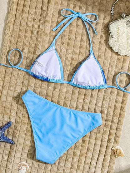Women's Halter Neck Tie Bikini Set - Lace Up, High Waist, Solid Black