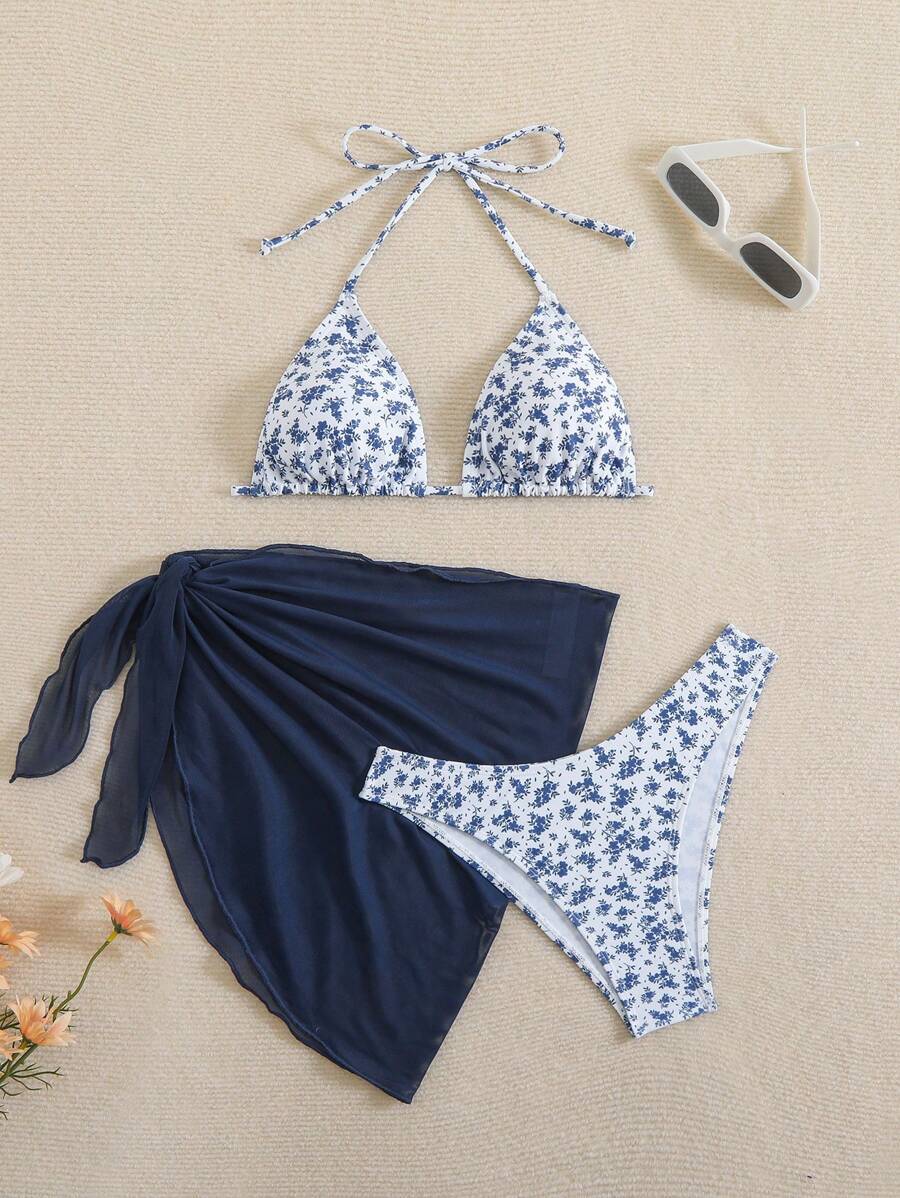 Women's 3-Piece Shell Print Bikini Set - V-Neck Halter, Triangle, Side Tie Skirt, Multicolor
