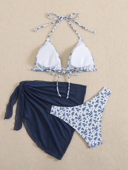 Women's 3-Piece Shell Print Bikini Set - V-Neck Halter, Triangle, Side Tie Skirt, Multicolor