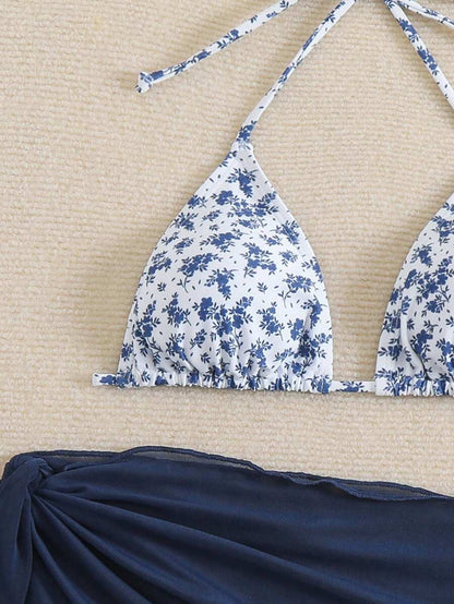 Women's 3-Piece Shell Print Bikini Set - V-Neck Halter, Triangle, Side Tie Skirt, Multicolor