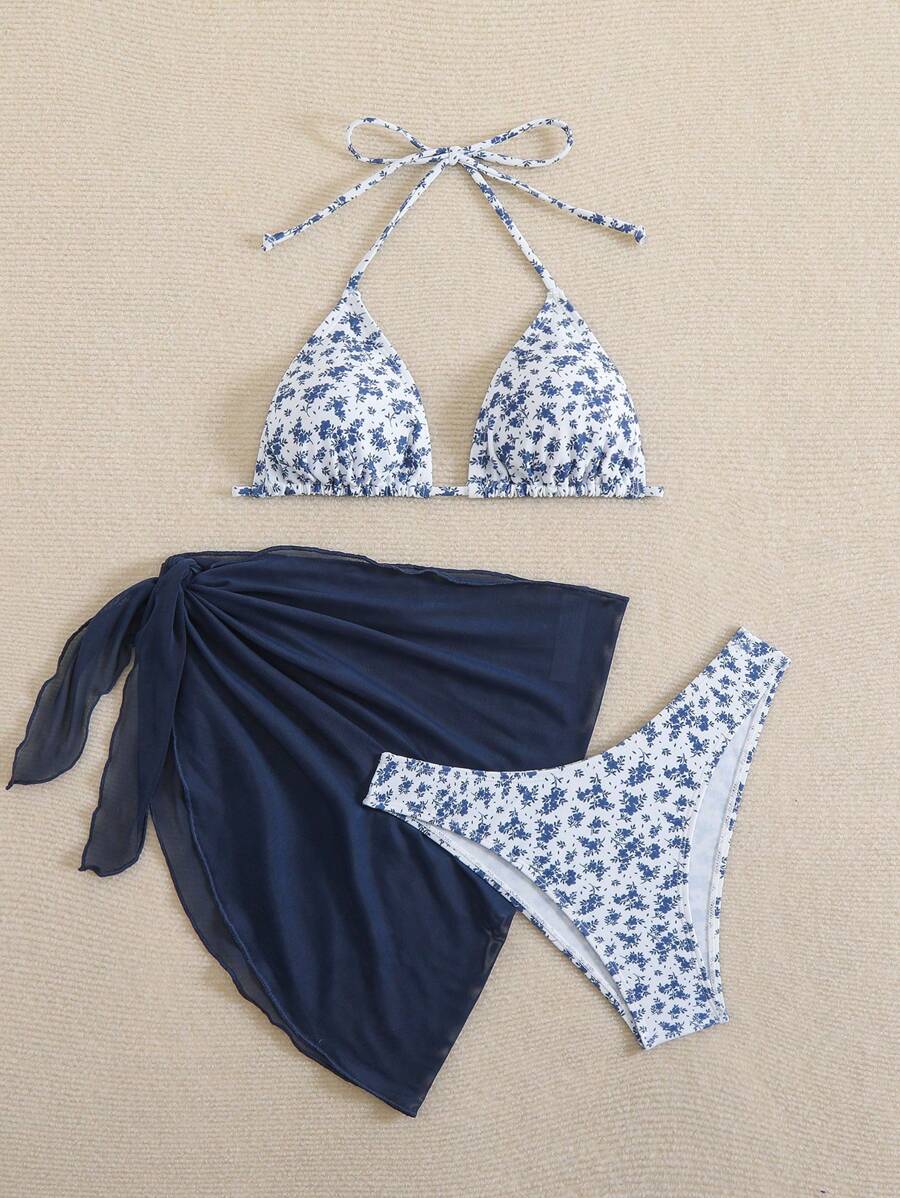 Women's 3-Piece Shell Print Bikini Set - V-Neck Halter, Triangle, Side Tie Skirt, Multicolor