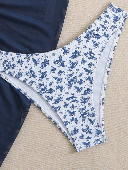 Women's 3-Piece Shell Print Bikini Set - V-Neck Halter, Triangle, Side Tie Skirt, Multicolor