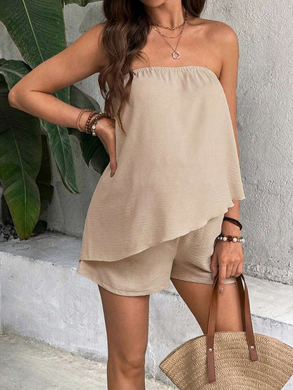 Maternity 2-Piece Dusty Pink Tube Top and Shorts Set Asymmetrical Hem Strapless Bandeau Vacation Outfit for Summer Travel