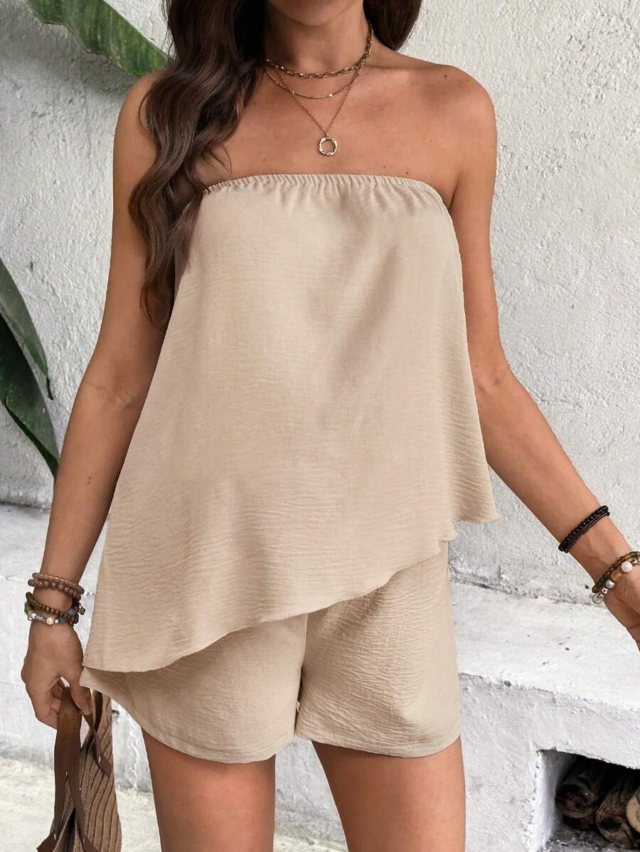 Maternity 2-Piece Dusty Pink Tube Top and Shorts Set Asymmetrical Hem Strapless Bandeau Vacation Outfit for Summer Travel
