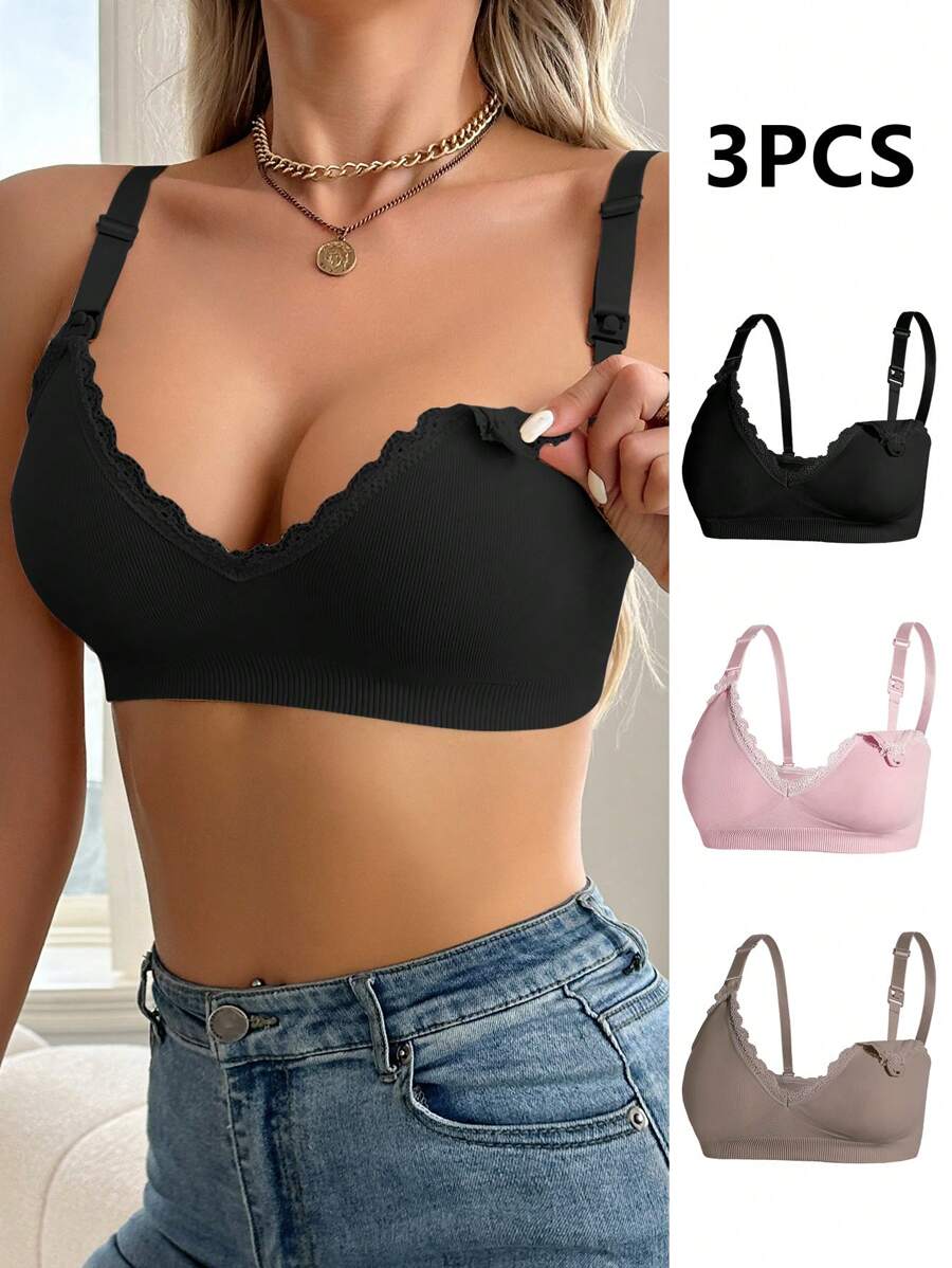 Maternity Nursing Bra Set 3 Pack - Seamless Solid Color Minimalist High Quality Breastfeeding