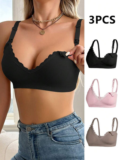 Maternity Nursing Bra Set 3 Pack - Seamless Solid Color Minimalist High Quality Breastfeeding