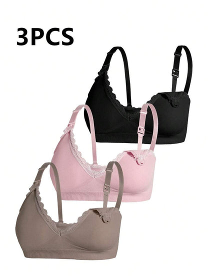 3pcs/Set Seamless Maternity Solid Color Contrast Lace Nursing Bras