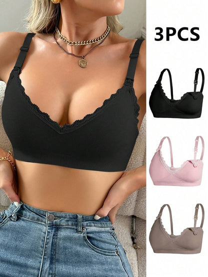 3pcs/Set Seamless Maternity Solid Color Contrast Lace Nursing Bras