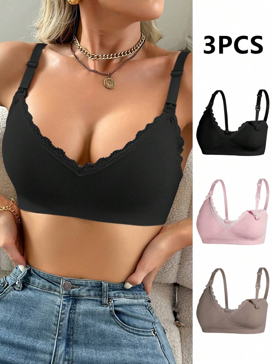 Maternity Nursing Bra Set 3 Pack - Seamless Solid Color Minimalist High Quality Breastfeeding