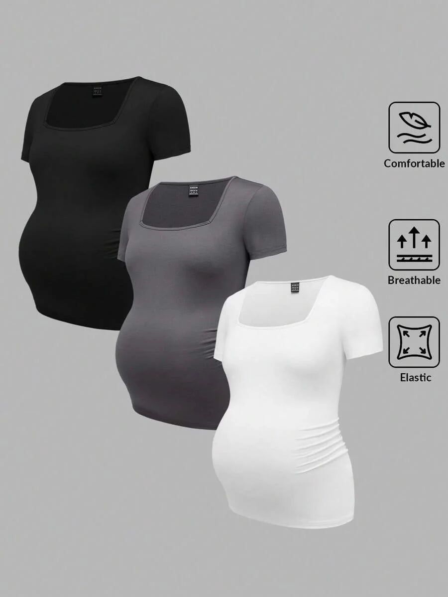 3-Piece Maternity Ribbed Knit Short Sleeve T-Shirt Set - Black White Gray Scoop Neck Fitted Pregnancy Basics
