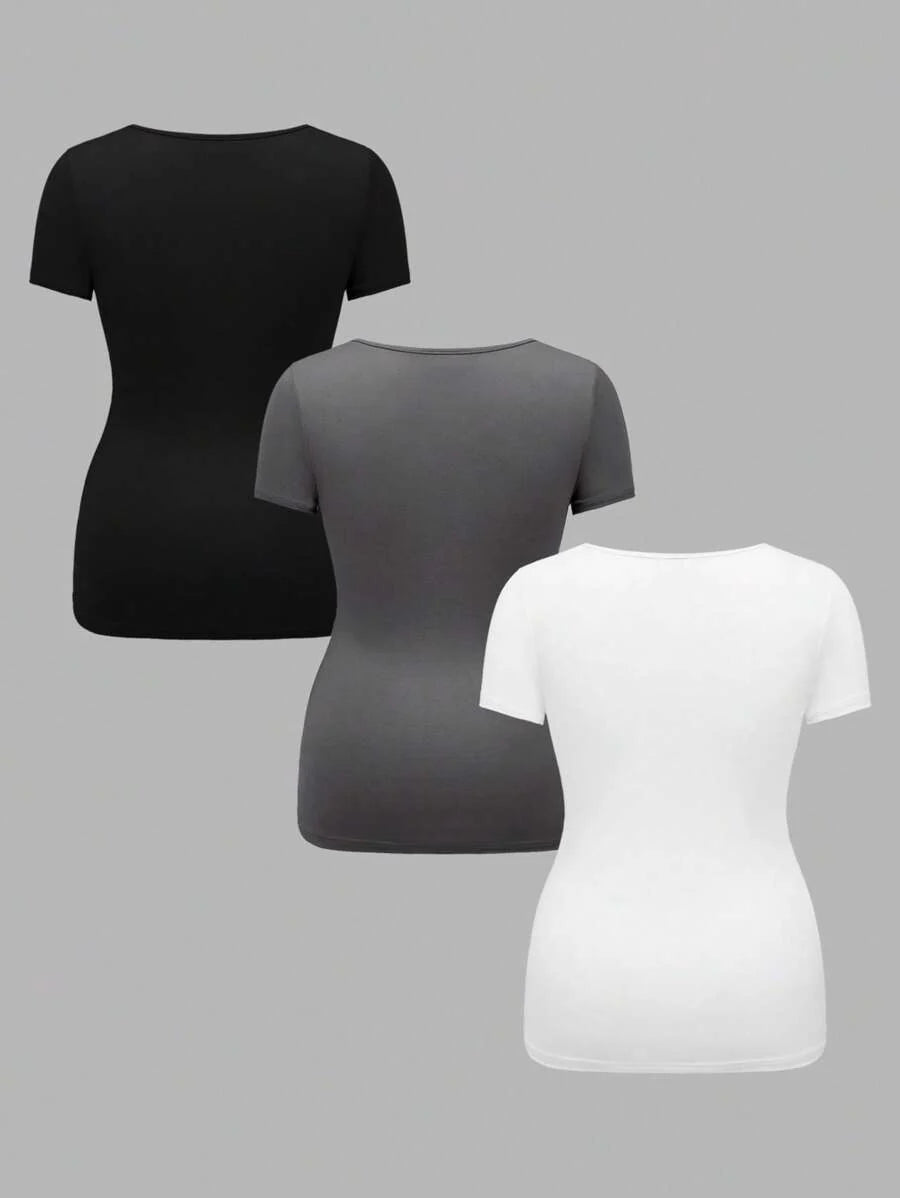 3-Piece Maternity Ribbed Knit Short Sleeve T-Shirt Set - Black White Gray Scoop Neck Fitted Pregnancy Basics