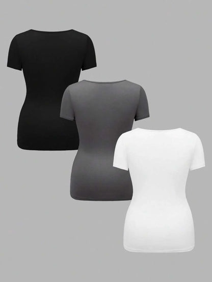 3-Piece Maternity Ribbed Knit Short Sleeve T-Shirt Set - Black White Gray Scoop Neck Fitted Pregnancy Basics
