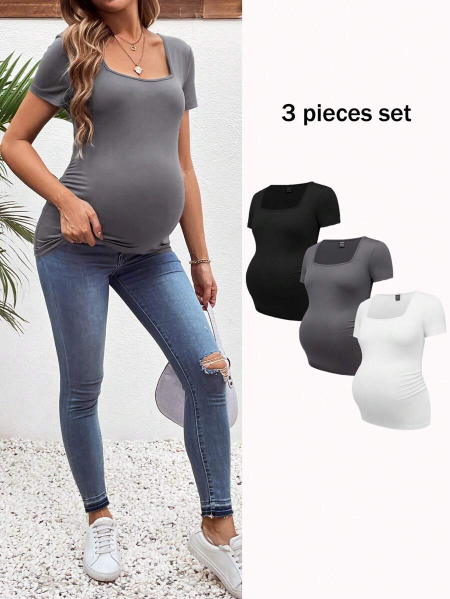 3-Piece Maternity Ribbed Knit Short Sleeve T-Shirt Set - Black White Gray Scoop Neck Fitted Pregnancy Basics