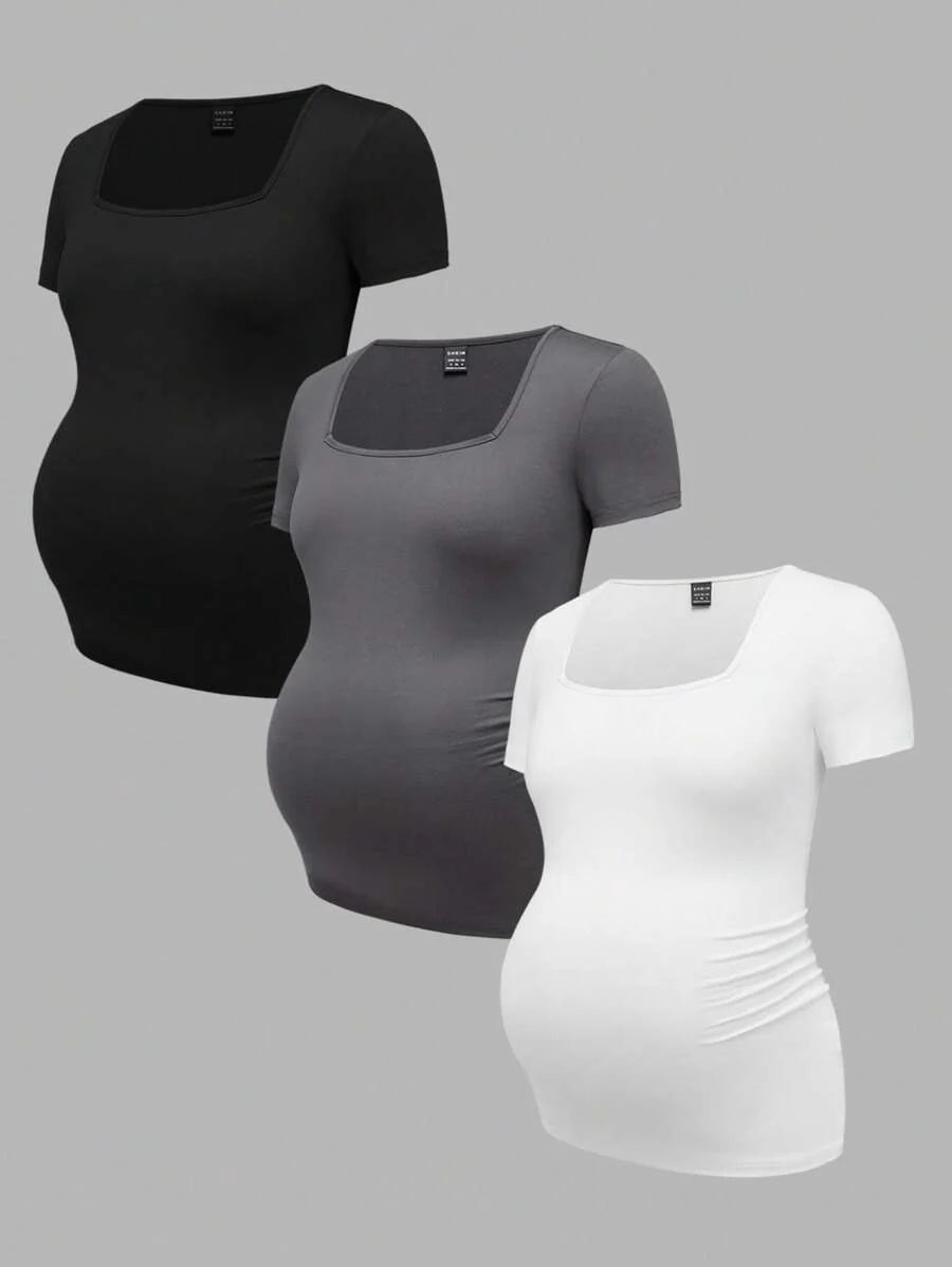 3-Piece Maternity Ribbed Knit Short Sleeve T-Shirt Set - Black White Gray Scoop Neck Fitted Pregnancy Basics